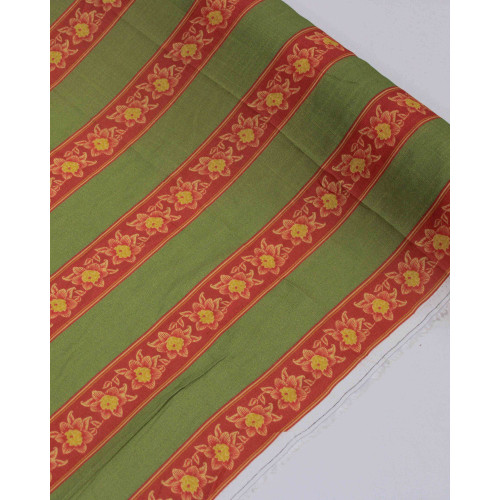 Tecido Viscose Texturizada Premium Listras Florais Amarelo, Vermelho e Verde Oliva