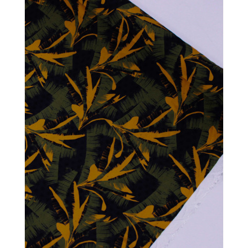Tecido Crepe de Viscose Texturizada Premium Folhagens Abstratas Laranja, Verde e Preto