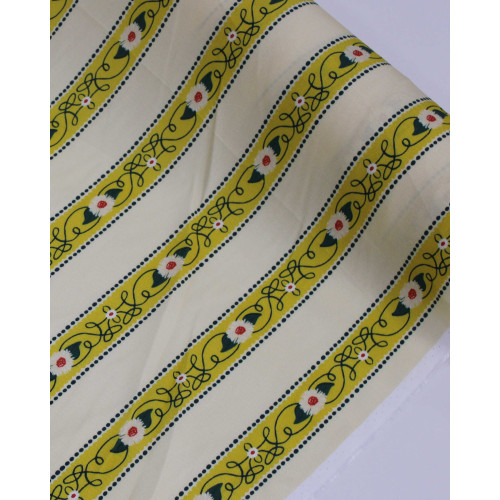 Tecido Viscose Sarjada Premium Listras Florais Amarelo, Verde e Creme