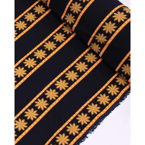 Tecido Viscose Pretmium Flores em Listras Palha, Laranja e Preto