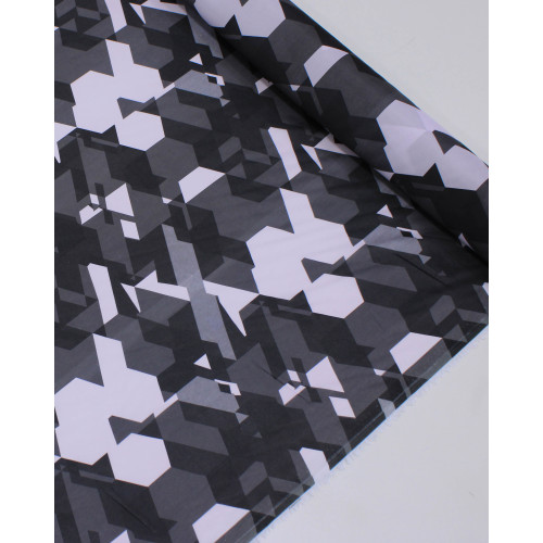 Tecido Crepe Silk Geométrico Irregular Rosa Quartzo e Tons de Cinza