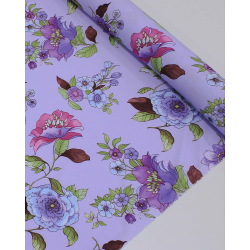 Tecido Micro Fibra Alfaiataria Ramos Florais Colorido e Lilás