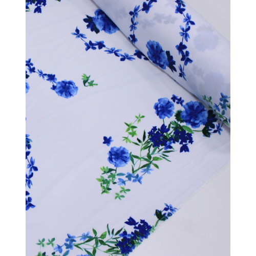 Tecido Micro Fibra Alfaiataria Ramos Florais Verde, Azul e Branco