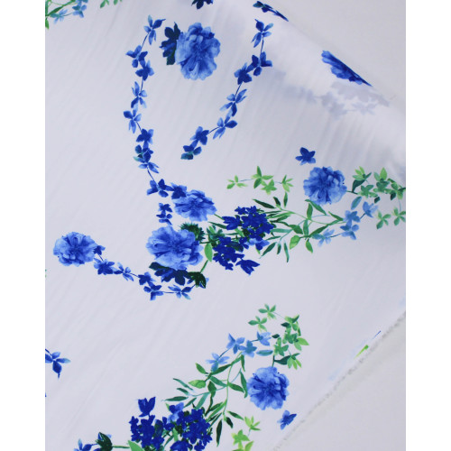Tecido Crepe Salinas Sarjada Ramos Florais Verde, Azul e Branco