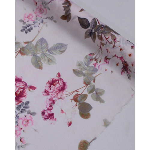 Tecido Crepe Salinas Ramos Florais Tons Pastéis de Rosa