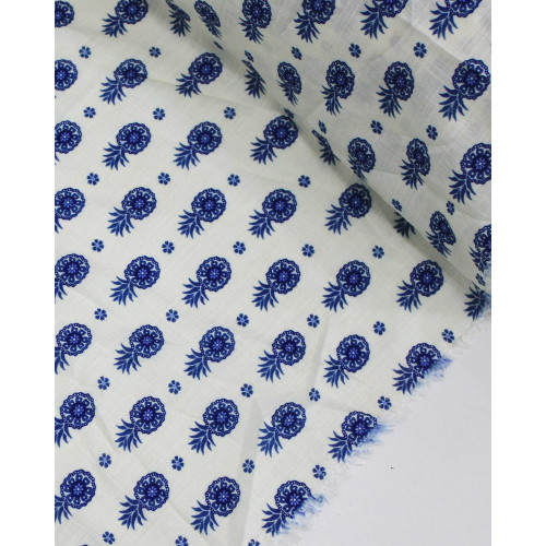 Tecido Viscose Texturizada Premium Abacaxi Esstampado e Flores Azul e Offwhite