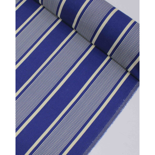 Tecido Linho Misto Rústico Multi Listras Creme e Azul Anoitecer