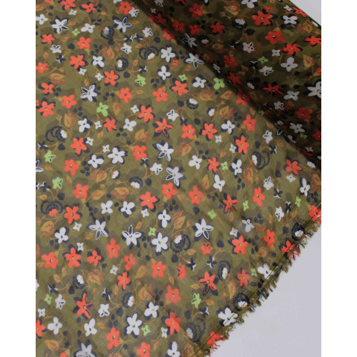 Tecido Crepe Chiffon Campo Floral Colorido e Caramelo