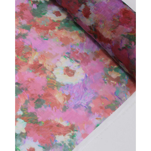 Tecido Crepe Chiffon Texturizado Campo Floral Abstrato Colorido e Tons de Rosa