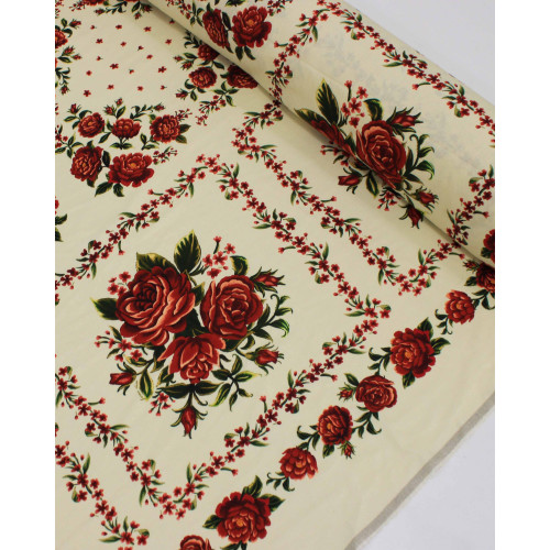 Tecido Linho Misto Rústico Macro Estampa Floral em Recortes Vermelho e Creme