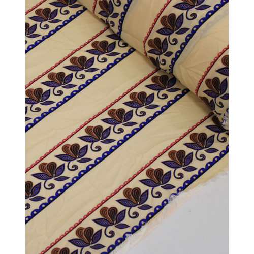 Tecido Viscose Sarjada Premium Listras e Ramos Azul, Castanho e Creme