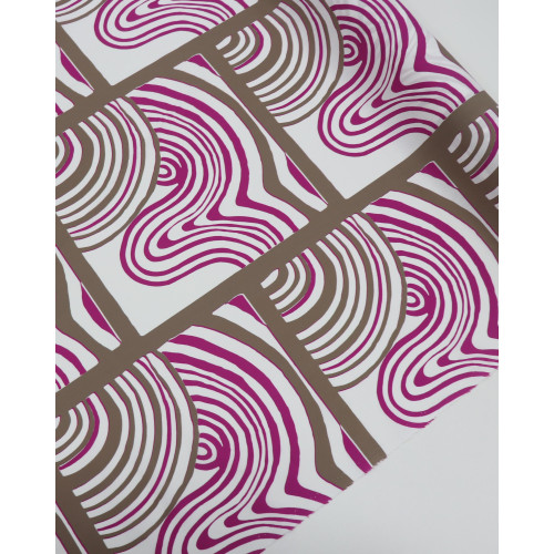 Tecido Tricoline Italiano Quadros e Riscos Ondulados Roxo, Branco e Nude