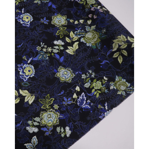Tecido Crepe Koshibo Italiano Flores Noturnas Verde e Tons de Azul