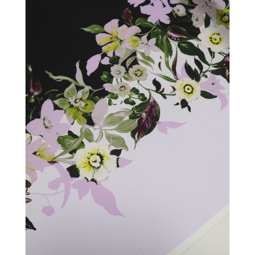 Tecido Crepe Silk Italiano Barrado Floral Lavanda e Preto