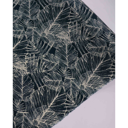 Tecido Viscose Macro Folhas Creme e Verde Esmeralda