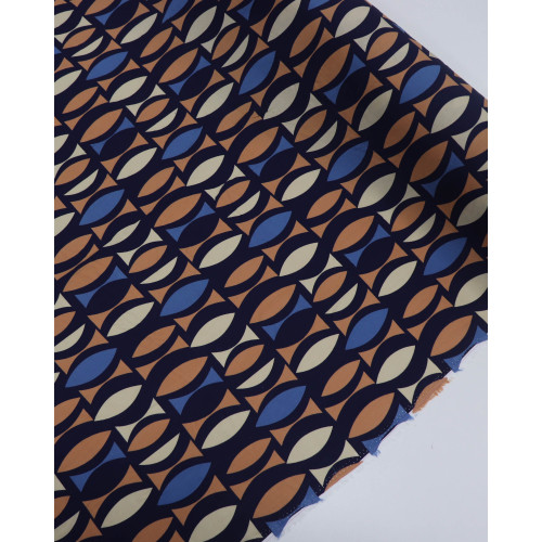 Tecido Viscose Estampa Geométrica Argila, Bege e Tons de Azul