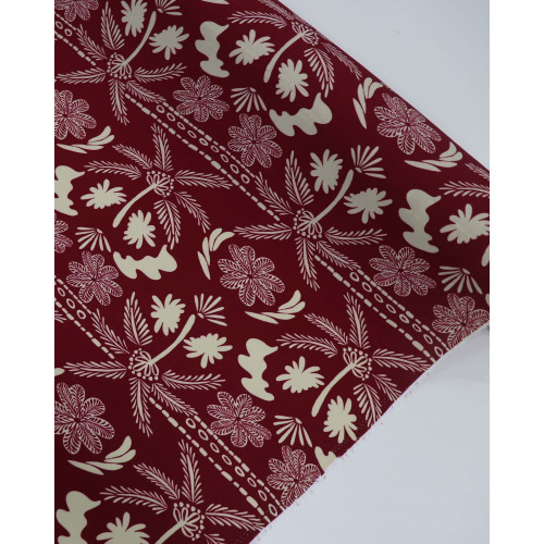 Tecido Viscose Barrado Flores e Coqueiros Creme e Vermelho Valentina