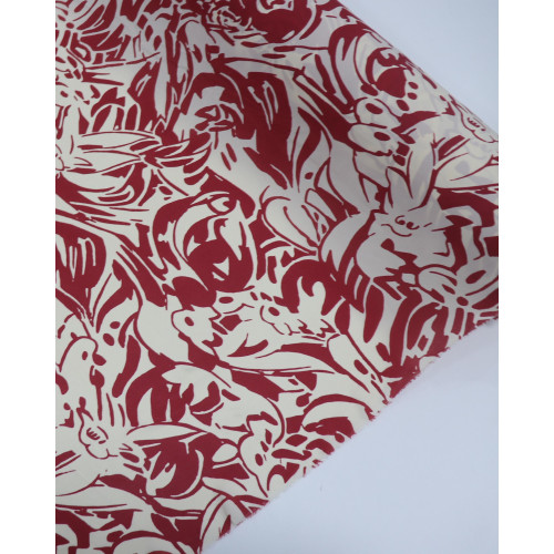 Tecido Crepe Koshibo Leve Pintura Abstrata Creme e Vermelho Valentina