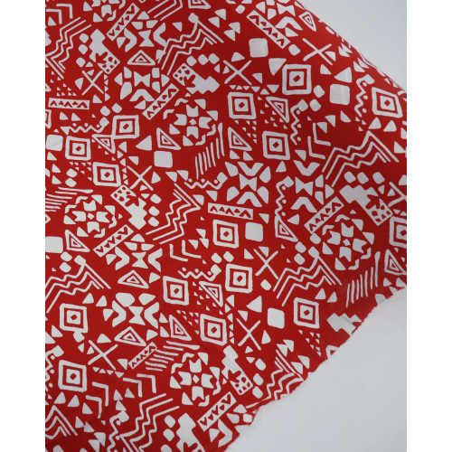 Tecido Crepe Koshibo Étnico Branco e Vermelho