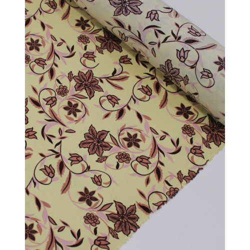 Tecido Viscose Ramos Florais Rosa Chá, Castanho e Amarelo Manteiga