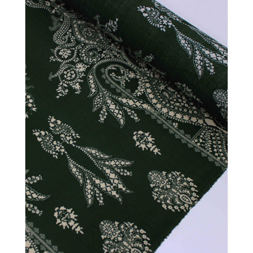 Tecido Viscose Arabescos em Cashmere Offwhite e Verde Militar