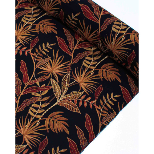 Tecido Viscose Macro Folhagens Tons Terrosos e Preto