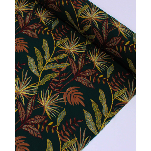 Tecido Viscose Macro Folhagens Colorido e Verde Esmeralda