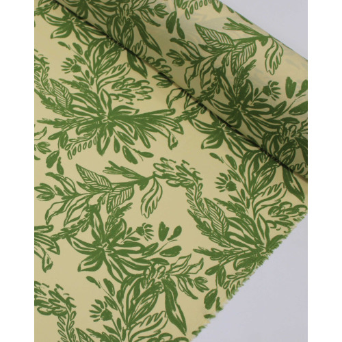 Tecido Viscose Ramos Abstratos Verde e Amarelo Manteiga