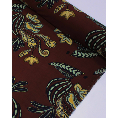 Tecido Viscose Figuras Abstratas Amarelo, Verde Menta e Marrom