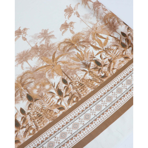 Tecido Linho Puro Italiano Barrado Folhagens Tropicais Terracota e Offwhite