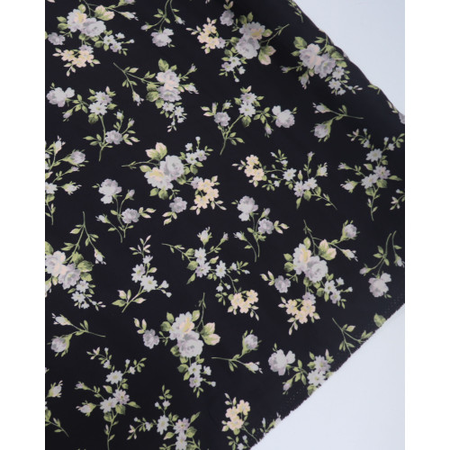 Tecido Crepe de Viscose Italiano Ramos Florais Tons Pastéis e Preto