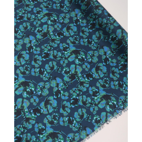Tecido Crepe Silk Italiano Tapete Floral Abstrato Verde e Tons de Azul