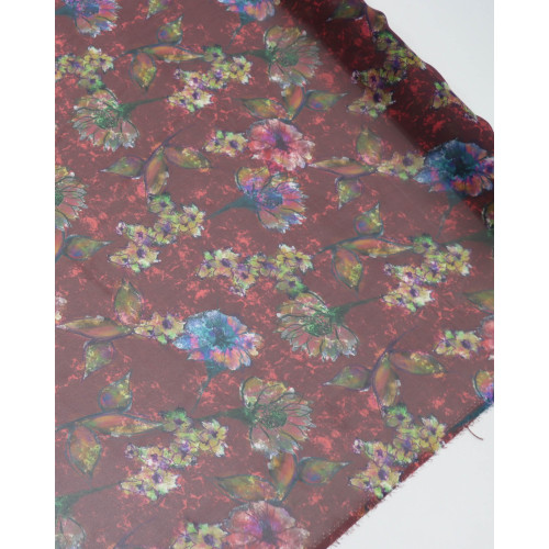 Tecido Crepe Chiffon Italiano Ramos Florais Abstratos Colorido e Marsala