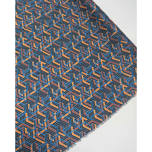 Tecido Crepe Silk Italiano Estampa Geométrica Laranja, Azul e Preto