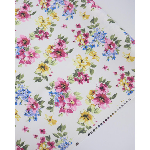 Tecido Sarja com Elastano Italiano Buquê Floral Colorido e Offwhite