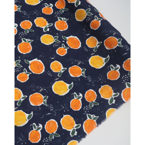 Tecido Tricoline Italiano Tangerinas e Azul Marinho