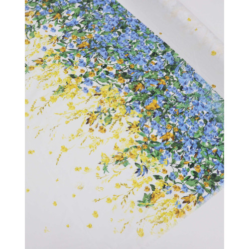 Tecido Tricoline com Elastano Italiano Barrado Vertical Campo Floral Colorido e Branco