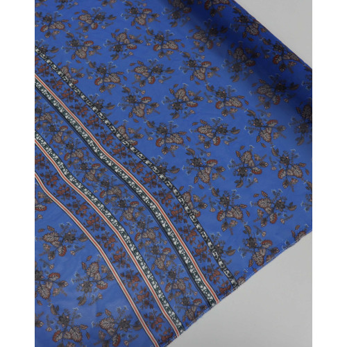 Tecido Crepe Chiffon Italiano Barrado Vertical Folhagens Colorido e Azul