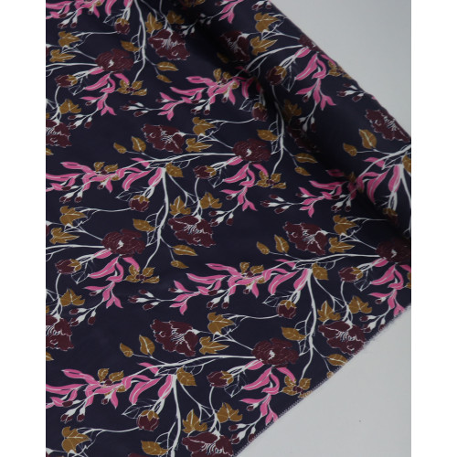 Tecido Crepe Acetinado Italiano Ramos Rosa, Branco e Azul Marinho