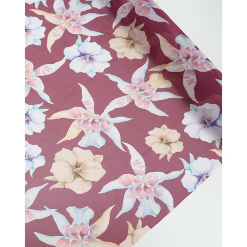Tecido Crepe Chiffon Italiano Macro Flores Tons Pastéis e Vinho