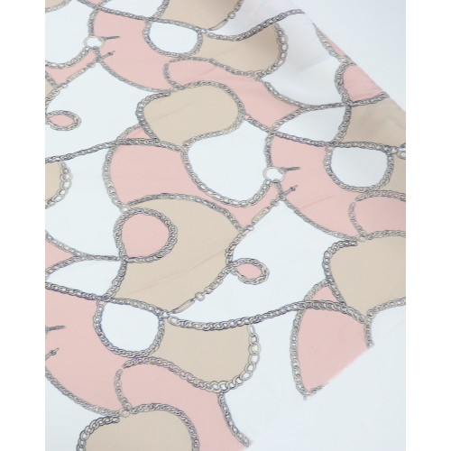 Tecido Crepe de Viscose Italiano Correntes Rosa Chá, Bege e Branco
