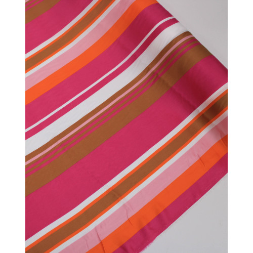 Tecido Viscose Italiano Multi Listras Marrom, Laranja e Tons de Rosa