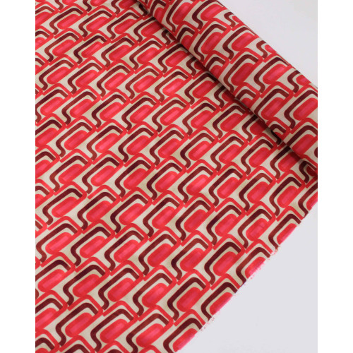 Tecido Crepe de Viscose Italiano Listras Abstratas Tons de Rosa, Borgonha e Pérola