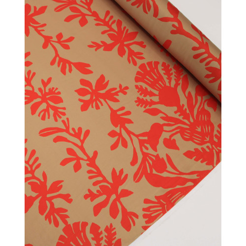 Tecido Crepe Silk Italiano Macro Ramos Absratos Vermelho Vivo e Bege