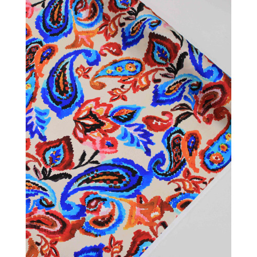 Tecido Crepe Silk Italiano Cashmere e Flores Abstratas Colorido e Pérola