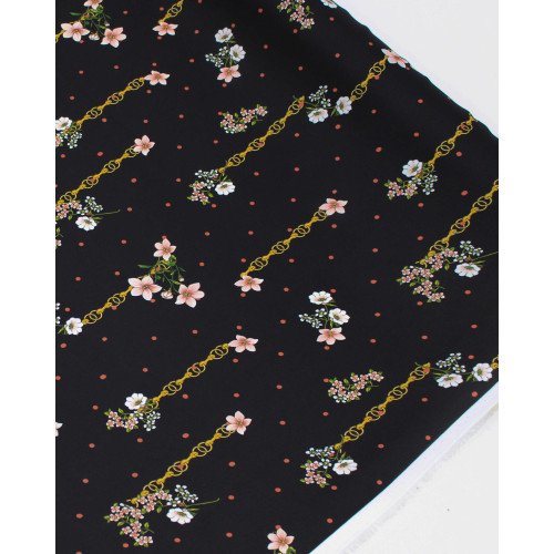 Tecido Crepe Silk Fino Italiano Micro Poá e Flores Entre Correntes Colorido e Preto