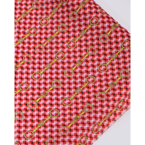 Tecido Crepe Silk Fino Micro Geométricos e Argolas Amarelo, Vermelho e Rosa