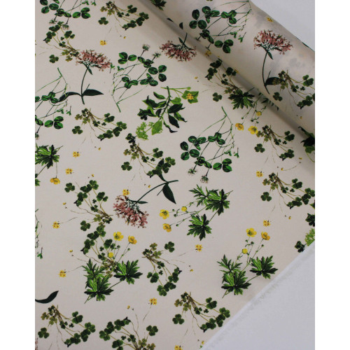 Tecido Crepe Silk Italiano Micro Ramos Florais e Folhas Colorido e Pérola