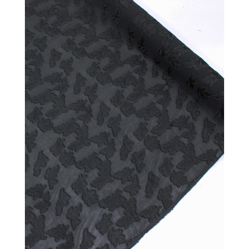 Tecido Crepe Chiffon Italiano Brocado Folhas Preto e Cinza Grafite
