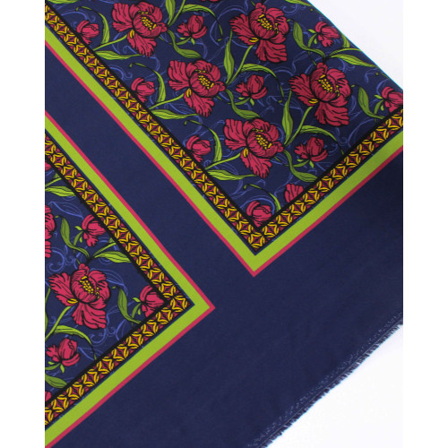 Tecido Viscose Italiano Estampa Lenço Flores Rosa, Verde e Cinza Chumbo